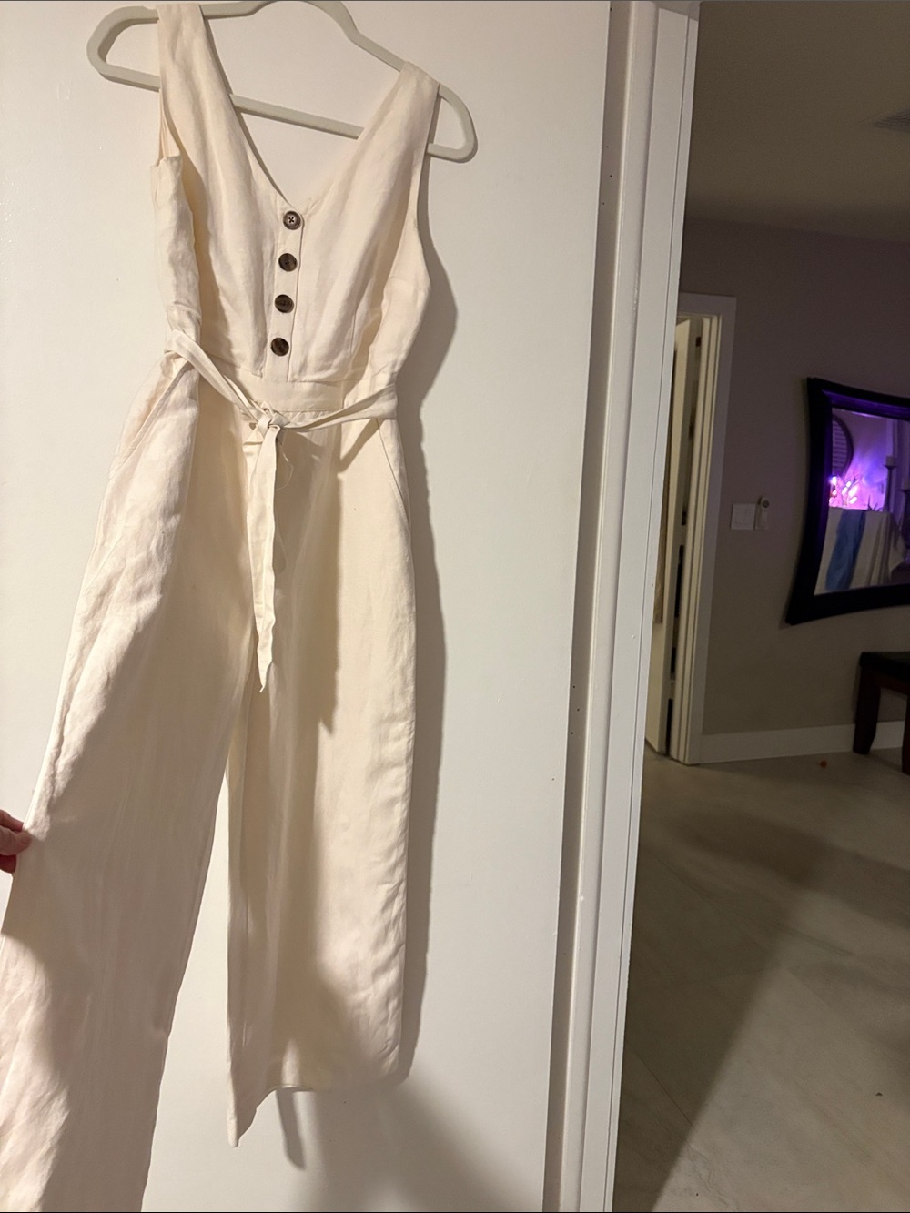 LOFT Cream Sleeveless Linen Blend Jumpsuit with Button Front